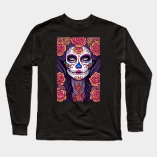 Woman in Colorful Sugar Skull Makeup Art Long Sleeve T-Shirt